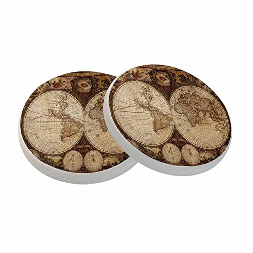 oFloral Map Nautical Coasters for Drinks Brown World Historic Vintage Cups Place Mats for Home Decor Set of 2, 4 Inch