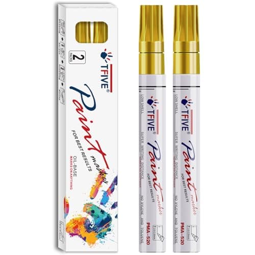 TFIVE Gold Permanent Paint Marker Pens - 2 Count Oil Based Marker Pen, Medium Tip, Waterproof & Quick Dry, for Office, Art projects, Rock Painting, Ceramic, Glass, Wood, Plastic, Metal, Canvas