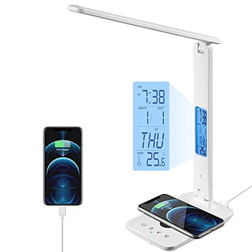 poukaran LED Desk Lamp with Wireless Charger, USB Charging Port, Office Table Lamp with Clock, Alarm, Date, Temperature for Home Office, White