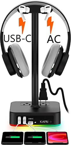 KAFRI RGB Headphone Stand with USB A&C Charger Desk Gaming Headset Holder Hanger Rack with 3 USB Charging Port and 2 Outlet - Suitable for Gamer Desktop Table Game Earphone Accessories Boyfriend Gifts