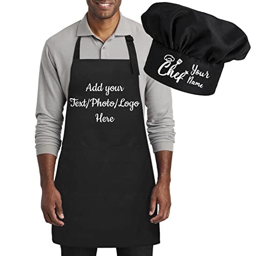 Party-rainday Personalised Apron and Chef Hat Set, Baking BBQ Cooking Kitchen Aprons with Pockets, Adjustable 1 Size Fits up to3XL, Custom Add A Name Apron for Men and Women, Cooking Gift(Black)