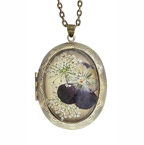 Handmade Oval Shaped Photo Locket Pressed Flower Locket Necklace (Pansy)
