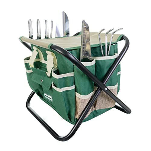 GardenHOME 7-Piece Gardening Tool Set – Stainless Steel Tools with Wooden Handles, Folding Stool, and Canvas Tote Bag, Green and White – Ideal for Gardeners, Men, and Enthusiasts