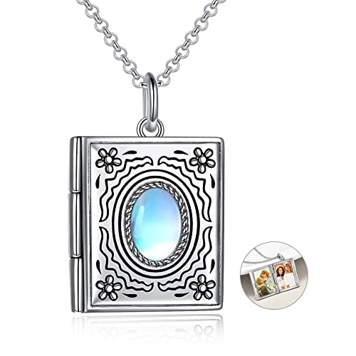 Moonstone Photo Locket Necklace 925 Sterling Silver Book Necklace that Holds Pictures Birthday Gifts for Women Mom
