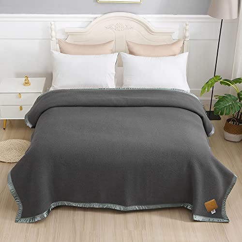 Thick Warm Wool Blanket,100% Pure New Zealand Wool,Full Size Soft Wool Blanket Large Heavy,Queen Size Wool Blanket for Bed and Camping(Dark Grey,90x80In)