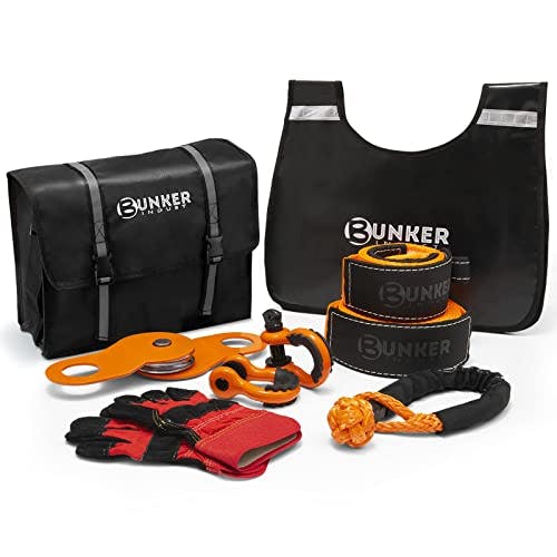 BUNKER INDUST Heavy Duty Recovery Strap Kit, 20'+8' Tow Strap + Winch Line Dampener +Snatch Block +D-Ring Shackles + Gloves +Soft Shackle +Bag,Off Road 4x4 Gear Winch Accessories