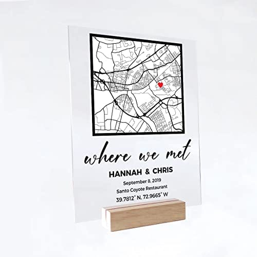 Where We Met Map Plaque with Wooden, Acrylic, Led Light Stand - Couple Map, Gift for Her, Acrylic Plaque, Custom Location, Gift for Him, Couples Gift