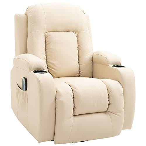 HOMCOM Vibration Massage Recliner Chair for Living Room with Heat, Swivel Single Sofa, Modern PU Leather Manual Reclining Chair with Footrest, Cream White