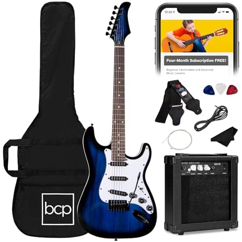 Best Choice Products 39in Full Size Beginner Electric Guitar Starter Kit w/Case, Strap, 10W Amp, Strings, Pick, Tremolo Bar - Hollywood Blue