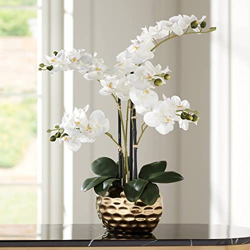 Dahlia Studios Potted Faux Artificial Flowers Realistic White Phalaenopsis Orchid in Silver Gold Ceramic Pot Home Decoration Living Room Office Bedroom Bathroom Kitchen Dining Room 23" High