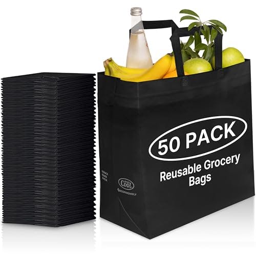 Simply Cool 50 Pack Black Reusable Eco-Friendly Large Grocery Shopping Bags 14.5”x14”x6.6” Durable, Environmentally Friendly Recyclable Shopping Bags Washable, Foldable, Portable Tote Bags Bulk