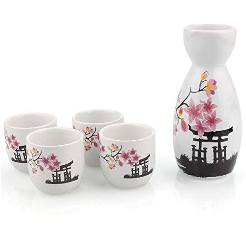 ABuff Japanese Sake Set, 1 Tokkuri Bottle & 4 Ochoko Cups, Spring Blossoms Ceramic Sake Set- Microwave and Dishwasher Safe