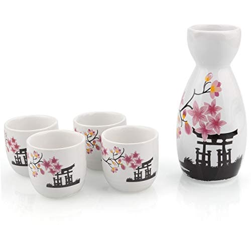 ABuff Japanese Sake Set, 1 Tokkuri Bottle & 4 Ochoko Cups, Spring Blossoms Ceramic Sake Set Microwave and Dishwasher Safe