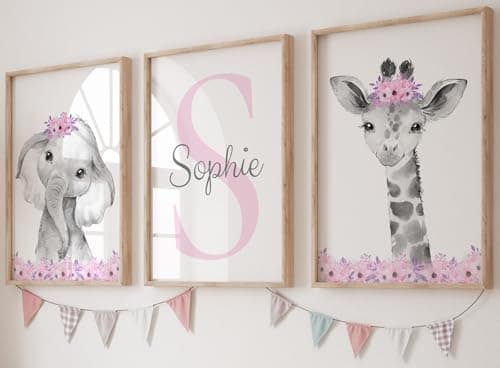 Safari Animals Girls Nursery Bedroom Unframed Set of 3 Poster Prints, Personalized Name Pink or Purple Flowers Wall Art Decor New Baby Gift Present, Elephant Giraffe Panda Zebra Lion (11x14)