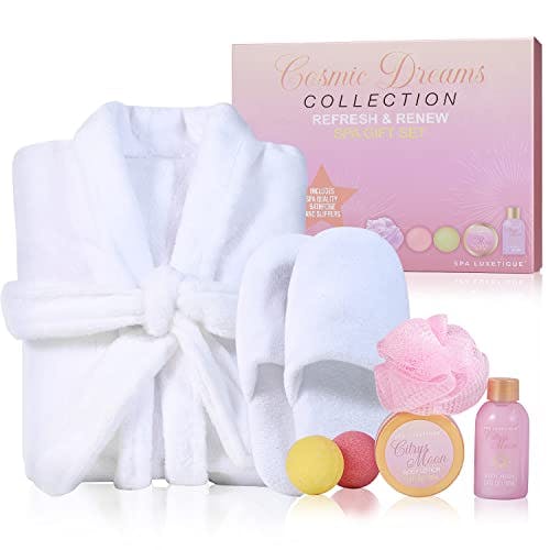 Spa Luxetique Robe and Slippers Set Women-Spa Gifts Baskets for Women, 6pcs Flannel Soft Bath Robe, Bath and Body Works Bath Sets with Slippers, Body Lotion, Bath Bombs, Robe Sets for Women