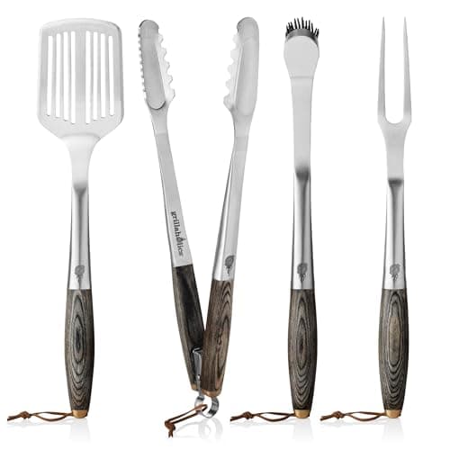 Grillaholics Premium BBQ Grill Tools - Luxury 4-Piece Barbecue Utensils Grill Set - Wooden Gift Box Includes Barbeque Tongs, Meat Fork, Grill Spatula & Basting Brush