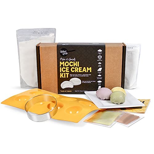 Global Grub Original DIY Mochi Ice Cream Kit - Kit Includes Sweet Rice Flour, Potato Starch, Matcha Powder, Cocoa Powder, Ice Cream Mochi Maker, Dough Cutter, Cooking Instructions. Makes 32 Pieces
