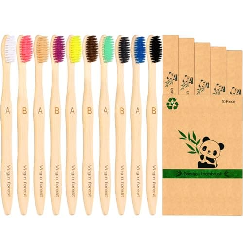 Virgin Forest 10 Count Bamboo Toothbrush,Soft Bristle for Adults, Eco Friendly Natural Wooden Toothbrushes, Vegan Organic Bamboo Travel Tooth Brush (10 Colors)