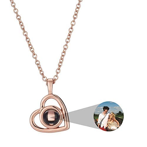 Personalized Photo Necklace for Women - Custom Picture Love Heart Projection Pendant - Customized Portrait Jewelry - Memorial Birthday Couples Gifts for Mother Wife Girlfriend Daughter - Rosegold