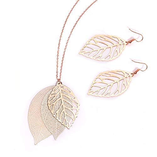 NVENF Leaf Necklaces and Earrings Jewelry Set for Women Large Leaves Veins Pendant Tiered Necklaces and Modern Woodland Drop Stud Earring Fall Spring Theme gift (A Rose gold & Silver)