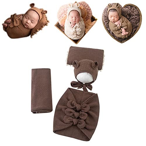 Vemonllas Newborn Baby Boy Girl Photography Props Bow Wrap, Posing Aid, Hat and Blanket Set of 4 Pcs (Dark Brown)