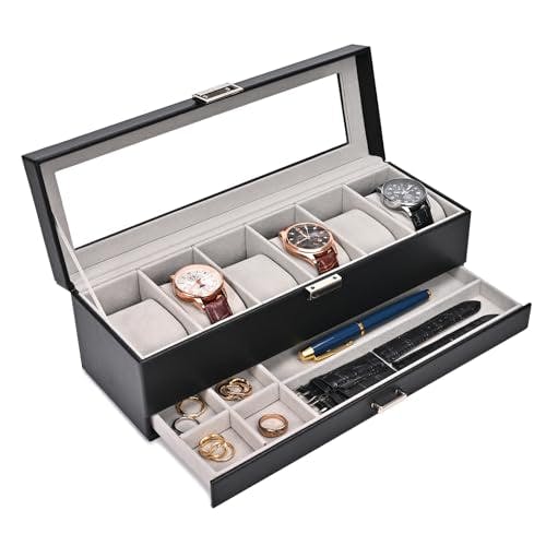 ProCase Watch Box for Men, 6 Slot Watch Display Case with Drawer, Mens Watch Case With Glass Lid, 2-Layer Jewelry and Watch Storage Watch Holder Organizer Gift for Men Women -6 Slot, Black