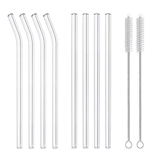 8 Pack Reusable Glass Drinking Straws - 10" x 10 mm - Smoothie Straws for Milkshakes, Frozen Drinks, Smoothies, Bubble Tea - Environmentally Friendly