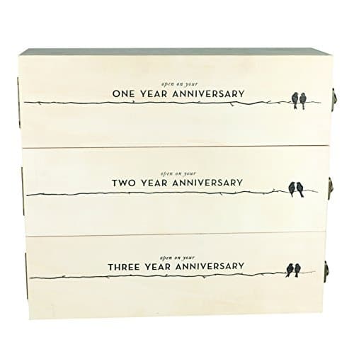 Twine Newlywed's Anniversary Wooden Gift Box with Lids and Brass Latches, Fits 3 Standard Wine Bottles, Wedding Keepsake Boxes, Decorative Storage Case for Mementos