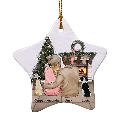 Custom First Christmas Tree Ornament with Family Name Personalized Couple Portrait Dog Cat Breed Star Shape Xmas Decorations, Gifts for Newly Married Boyfriend Girlfriend Fireplace Ornament