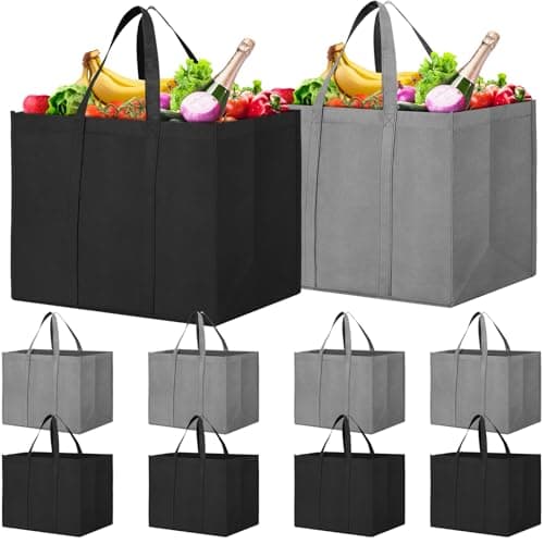 WISELIFE Reusable Grocery Shopping Bags 10 Pack Large Foldable Tote Bags Bulk, Eco Produce Bags with Long Handle for Shopping Groceries Clothes (Grey&Black)