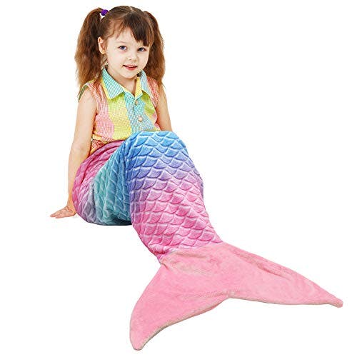Catalonia Kids Mermaid Tail Blanket, Super Soft Plush Flannel Sleeping Snuggle Blanket for Girls, Rainbow Ombre, Birthday Gift for Daughter