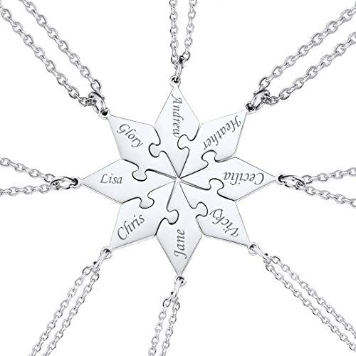 U7 BFF Necklace Set of 8 Name Engraved Friendship/Family Jewelry Stainless Steel Custom Puzzle Pieces Pendant for 8 Best Friend Gift