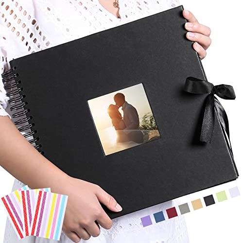 Vienrose Scrapbook Photo Album with Corner Stickers 12x12 inches DIY with Cover Photo Pocket 80 Pages Silk Ribbon Hardcover Album for Guest Book Wedding Baby Shower Christmas Black