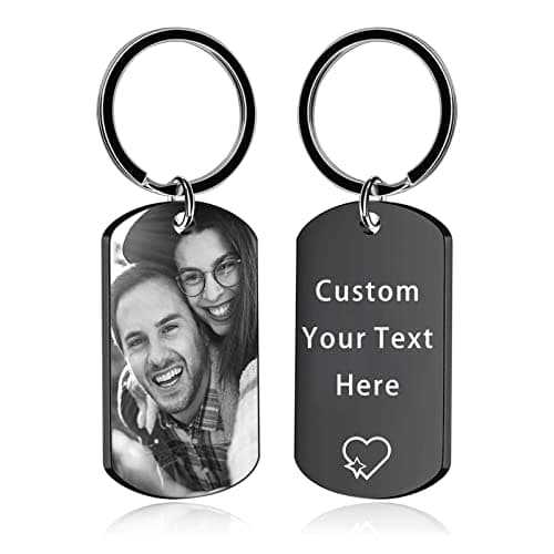 BEXOA EDC Custom Keychain with Picture - Personalized Photo LOGO Text Customized Stainless Steel key chain for Boyfriend Dad Men Gifts (Customized, Engraved Dog Tag - Black)