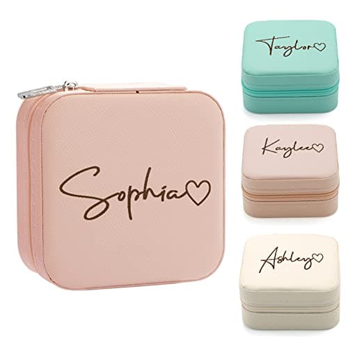 Yofair Personalized Jewelry Box with Heart Custom Leather Travel Jewelry Case Ring Box Bridesmaid Gifts Birthday Christmas Gifts for Women