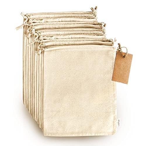 Organic Cotton Produce Bags - Medium 8x10 Inch - 12 Pcs Reusable Muslin Storage Bags with Drawstrings - Canvas Bags - Biodegradable Fabric Bags - Snack Bags - Cloth Bags by Leafico