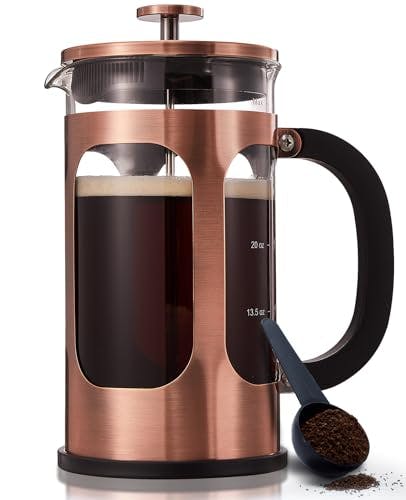 BAYKA 34 Ounce 1 Liter French Press Coffee Maker, Heat Resistant Thickened Borosilicate Glass Stainless Steel Coffee Press, Cold Brew Coffee Pot Tea Press for Kitchen Travel Camping, Copper