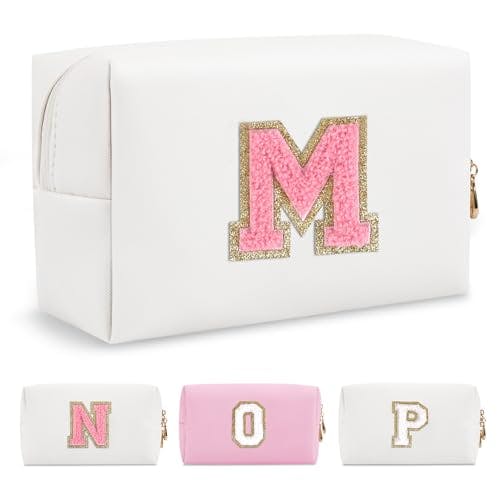 Personalized Makeup Bag Initial A-Z Preppy Patch Bag,Small PU Leather Travel Cosmetic Bag Pouch with Zipper,White Cute Toiletry Bag,Gift Ideal for Teen Girls Women Birthday Friend Mom,Letter M