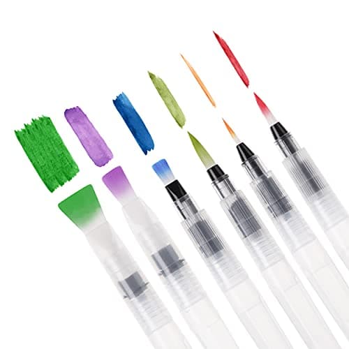 Mr. Pen Watercolor Brush Pens, 6 pcs, Pointed & Flat Tips, Nylon Bristles, White, Refillable, Portable Ink/Water Brush