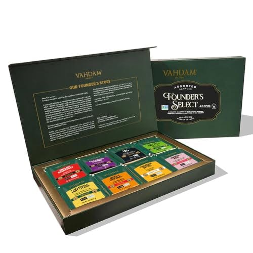 VAHDAM, Founder's Select - Assorted Tea in Presentation Box - 8 Flavors, 40 Pyramid Tea Bags | Long Leaf Pyramid Tea Variety Pack | Premium Tea Gift Set | Tea Gifts for Women & Men