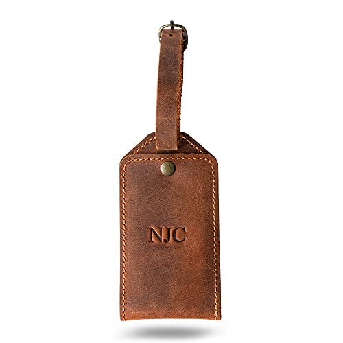 PEGAI Personalized 100% Soft Touch Rustic Leather Luggage ID Tag, Secure With Snap Closure and Easy Attachment to Suitcase, Backpack, Handbag, Handmade Travel Accessories (Mahogany)
