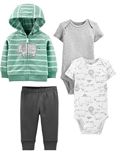 Simple Joys by Carter's Baby Boys 4-Piece Jacket, Pant, and Bodysuit Set, Dark Grey/Grey/Mint Green Elephant/White Forest Animals, 0-3 Months