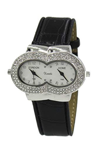 Xanadu Women's Crystal-Accented Dual Time Zone Watch with Leather Band (Silver)