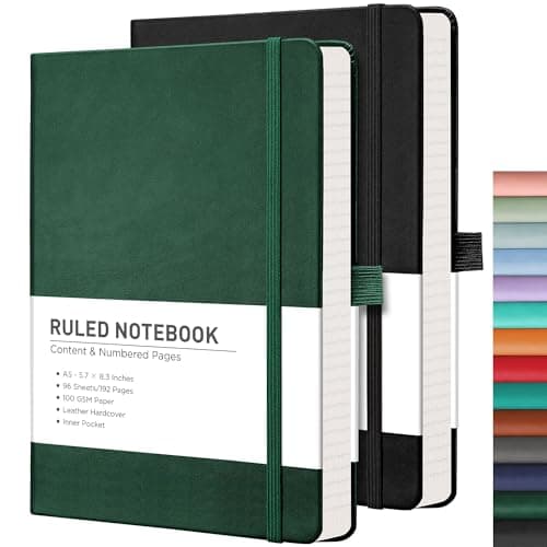 RETTACY Journaling Notebooks, 2-Pack, A5 Lined Notebook Journal with 192 Numbered Pages per Pack, 5.7'' × 8.3'', Medium, Journals for Writing, Leather Hardcover, 100 GSM Paper (Black & Dark Green)