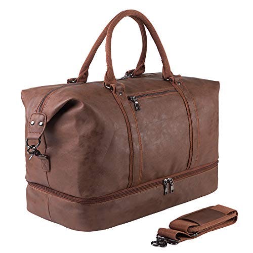 Leather Travel Bag with Shoe Pouch,Weekender Overnight Bag Waterproof PU Leather Large Carry On Bag Travel Tote Duffel Bag for Men or Women