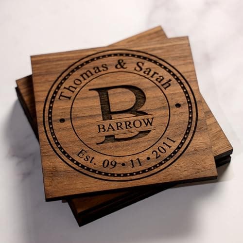 Personalized Coasters for Anniversary Gifts, Wedding Gifts, or Personalized Wooden Coster Sets | Choose Coaster Set Size (2, 4, 6, 8, 16) | Handmade Wooden Coasters Made in The USA