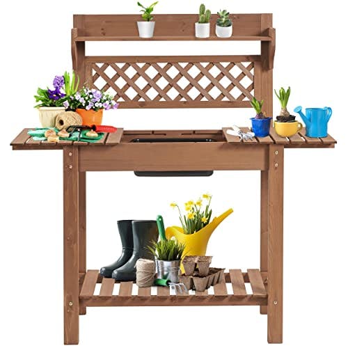 Yaheetech Potting Bench Table Outdoor Garden Horticulture Wooden Workstation Benches w/Sliding Tabletop/Removable Sink/Storage Shelf for Patio, Garden Furniture Wood Workstation,Brown