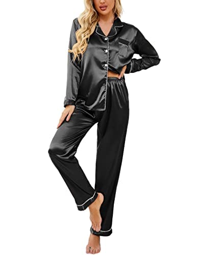 Ekouaer Women's Classic Button Down Long Satin Silk Pajama Set,Small,Black