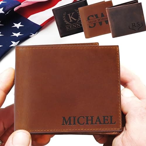 Personalized Leather Wallet for Men, Fathers Day Gifts for Him, Custom Name Wallets, Customazible Gift for Husband, Dad, Boyfriend, Him, Men Gifts for Anniversary, Birthday, Wedding, Fathers Day