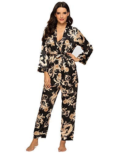Escalier Women's Silk Satin Pajamas Set 3 Pcs Floral Silky Pj Sets Sleepwear Cami Nightwear with Robe and Pants Black M